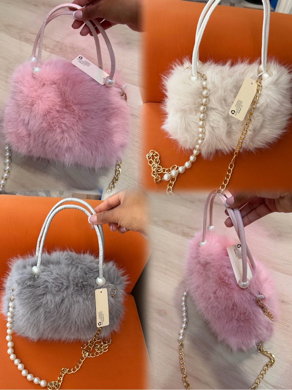 Faux Fur Handbag with Pearl Chain - Pink / Cream / Gray